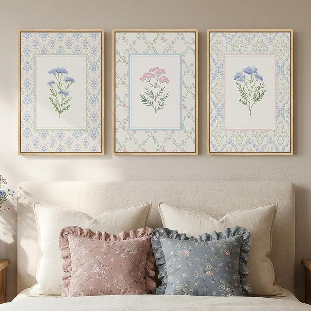 3 Piece Framed Canvas Floral Wall Art for Bedroom, Large Farmhouse Wildflower Botanical Prints Paintings, Blue Flower Plant Pictures Artworks Decor for Living Room Nursery 16X24 Inch