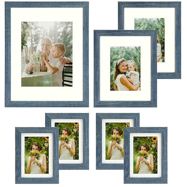Frametory, Gallery Wall Frame Set of 7 Multiple Sizes 11x14, 8x10, 5x7 Picture Frame Collage with Ivory Color Mat for Prints, with Real Glass (Blue)