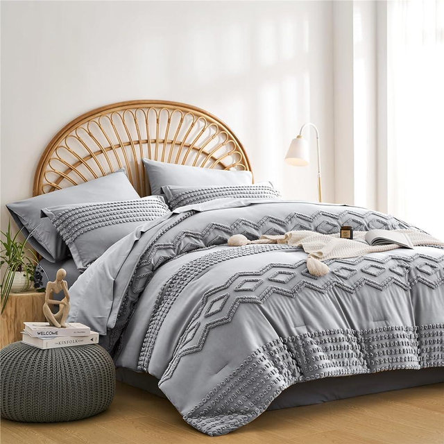 KAKIJUMN Grey Tufted Comforter Set Queen Size 7 Piece Bed in a Bag, Shabby Chic Boho Comforter and Sheet Set, Pom Pom Textured Bed Set, All Season Soft Microfiber Complete Bedding Set(Grey,Queen)
