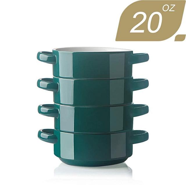 SWEEJAR Ceramic Soup Bowl with Double Handles, 20 Oz Stacked Bowls for French Onion Soup, Cereal, Stew, Chill, Pasta, Set of 4(Jade)