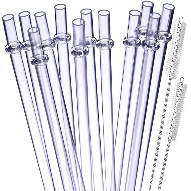 Reusable Hard Plastic Straws - 9 Inch Clear Straws for 16 & 20 Oz Mason Jars, 12-Pack with Cleaning Brush