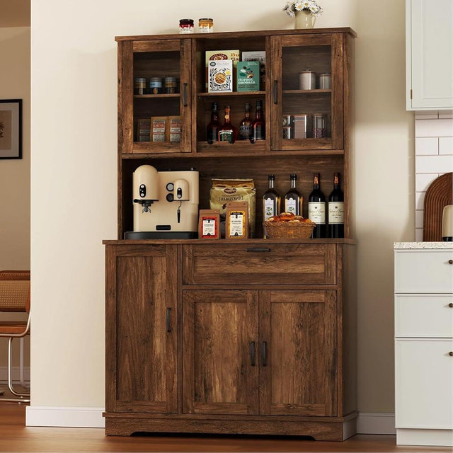 Vongrasig Tall Kitchen Pantry Storage Cabinet, Modern Pantry Cabinet with Hutch and Microwave Stand, Modern Kitchen Coffee Bar Hutch with Shelves for Dining Room, Brown