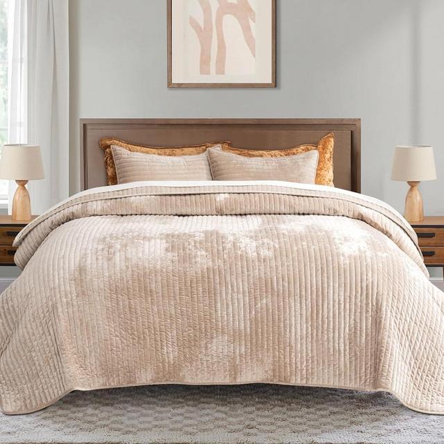 EVERGRACE Velvet Quilt Set Queen Size, Luxurious Soft Striped Channel Bedding Set, Lightweight Velvet Comforter for All Season, Oversized Bedspread Coverlet with 2 Matching Shams, Beige Taupe