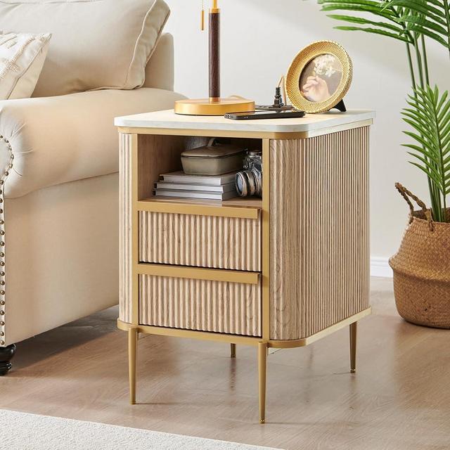 OKD Modern Chic Fluted Nightstand Luxury with Charging Station, End Table/Bed Side Table w/2 Drawers, Faux Marble Tabletop, Gold Metal Decor, Curved Edge Design, Natural Oak
