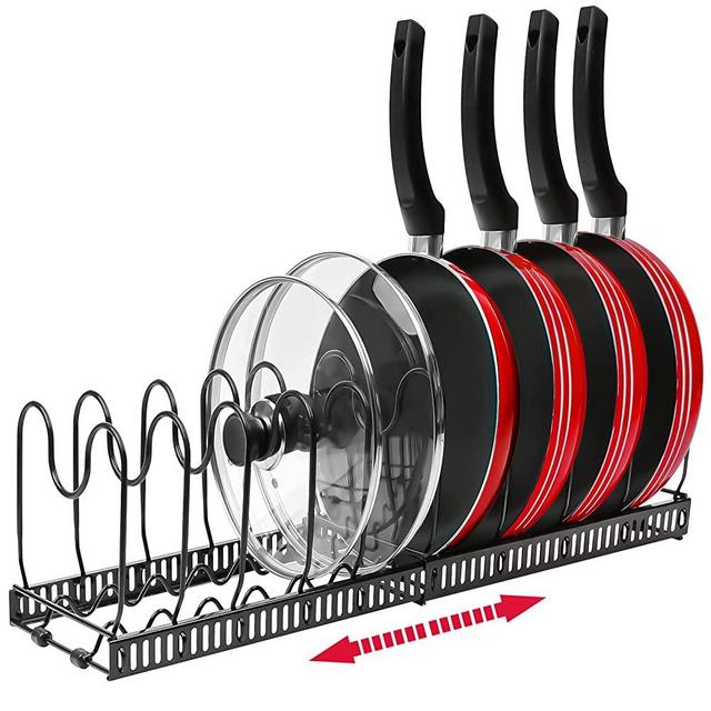 Pot and Pan Holder Organizer Expandable Rack Holder with 10 Adjustable Compartments, for Pot Lids, Pans, Cutting Boards, Extended 12 to 23 inches
