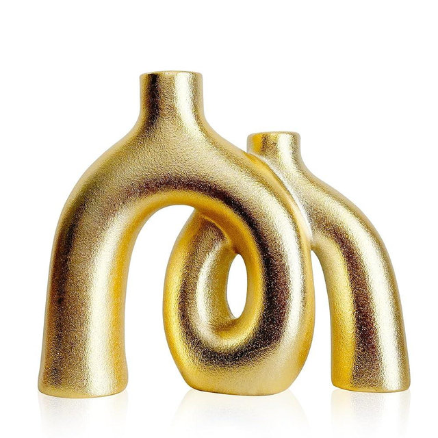 Matte Gold Vase Set - Hug Hollow Donut Aesthetic Ceramic Vases Home Decor, Modern Decorative Vase for Table Centerpiece Living Room Bookshelf Office Entryway Console Fireplace(Gold)