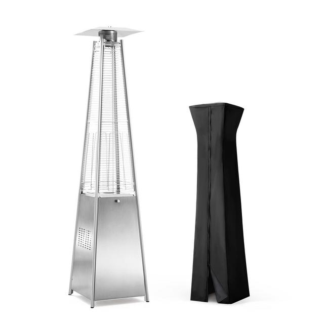 Pamapic Patio Heater, 42,000 BTU Pyramid Flame Patio Outdoor Heater with Cover, Quartz Glass Tube Stainless Steel Propane Heater with Wheels (Stainless Steel Color)