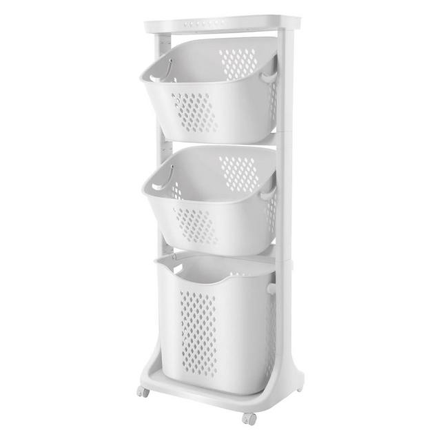 Rolling Laundry Hamper Storage Sorter, 3 Tier Rolling Laundry Hamper Cart White Laundry Baskets with Wheels for Kitchens Bathrooms Bedrooms Classrooms Laundry Rooms