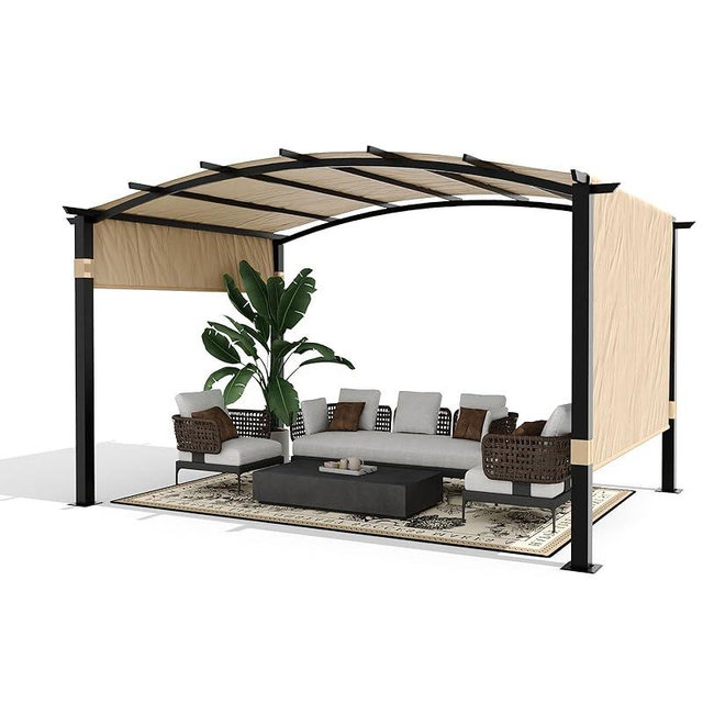 KYBOLT 12x9 Ft Outdoor Arched Pergola Metal Gazebo with Retractable Canopy for Backyard Deck Garden Lawns Porch(Khaki)