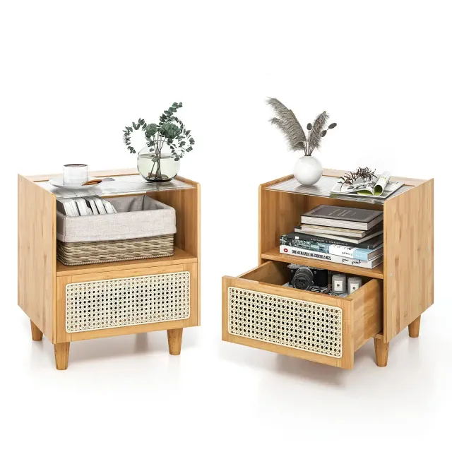 Costway 2PCS Bamboo Rattan Nightstand Boho Bedside End Table w/ Drawer Wood Legs Natural