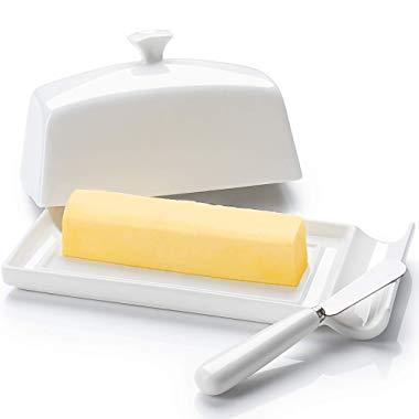 White Porcelain Butter Dish with Lid and Stainless Steel Knife Spreader for Long and Short Sticks of Butter or Margarine