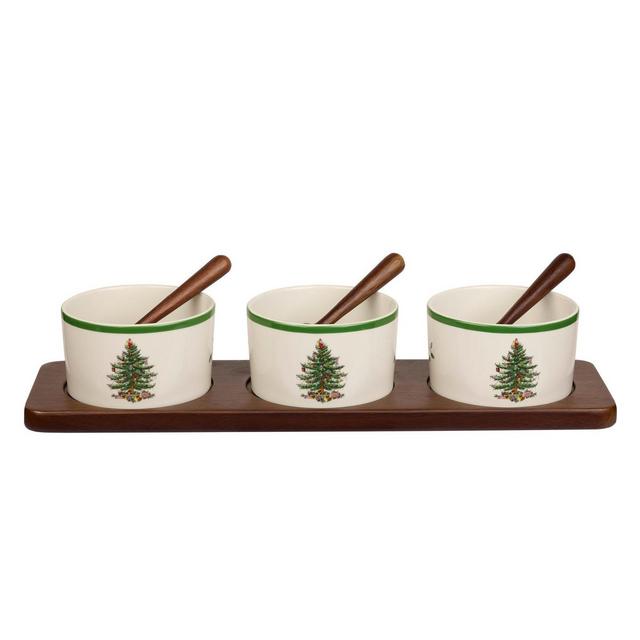 Spode Christmas Tree 7-Piece Condiment Set, Beige/Green, Ceramic Serving Bowls - Dip Bowls - Holiday Dinnerware