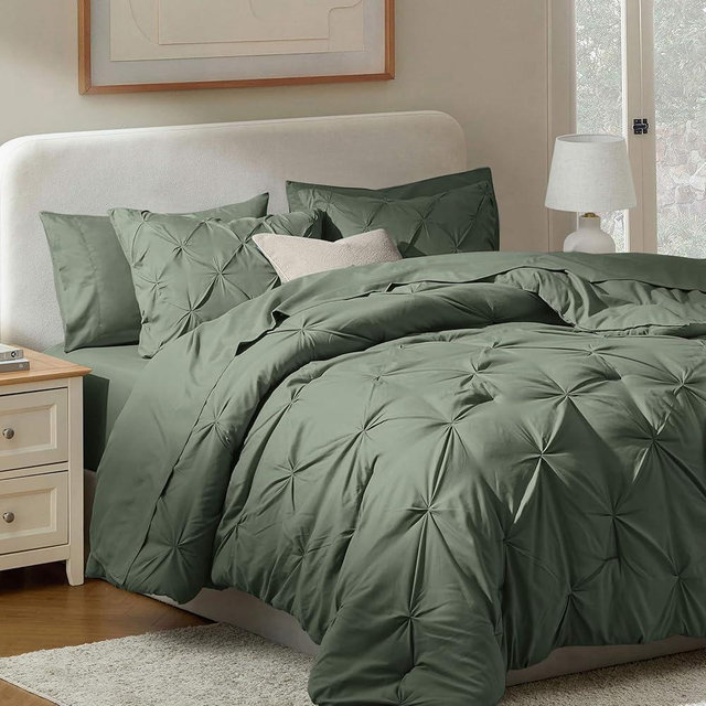 Nestl 9 Piece King Comforter Set – Olive Green Pinch Pleated Bed in a Bag – Complete King Size Bedding Set with Sheets, Set of 2 Down Alternative Pillows, Pillowcases and Shams