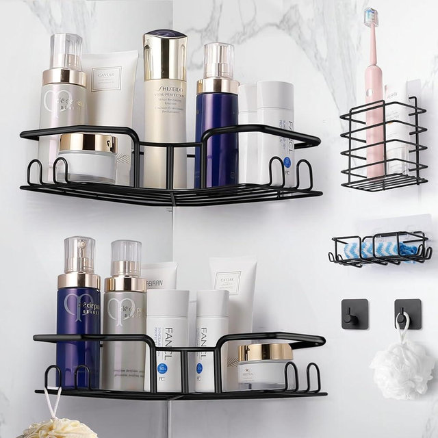 QHMCHLDZ Adhesive Shower Caddy, 6 Pack Corner Bath Organizer, Rustproof Stainless Steel Shower Shelves with Large Capacity, No Drilling Shelves for Bathroom Storage, Home, Kitchen Decor