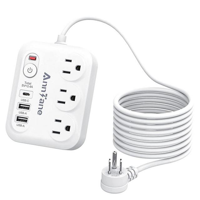 10Ft Long Surge Protector Power Strip, Extension Cord with USB-C (3.0A), Power Strip with 3 Outlets 3 USB Ports (5V/3.4A) , Desktop Charging Station, Compact for Home,Travel,Office(White 1 Pack)