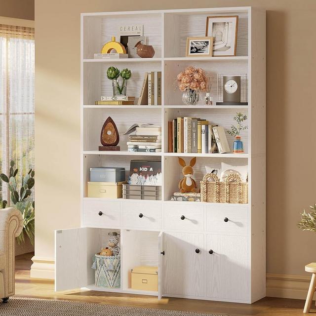 IRONCK 78.7" Bookcase with 4 Drawers and 4 Doors, 6 Tier Large Bookshelf with Storage, Floor Standing Display Storage Shelves, Tall Storage Cabinet for Living Room (Industrial White)