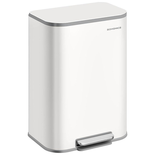 SONGMICS Kitchen Trash Can, 13-Gallon (50 L) Garbage Can with Lid, Stainless Steel, Soft Close and Stays Open, Inner Bucket, Wide Non-Slip Pedal, Cloud White ULTB547W01