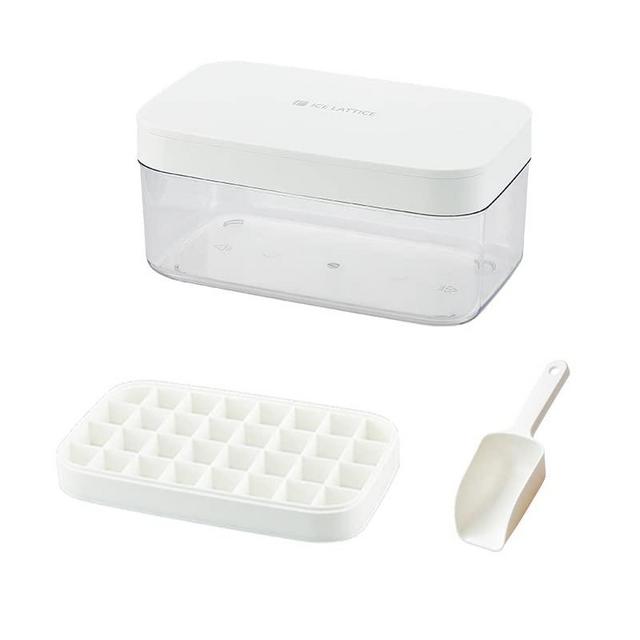 Warm Wood Ice Cube Tray With Lid and Bin | 32 Nugget Silicone Ice Tray For Freezer | Flexible Safe Ice Cube Molds Comes with Ice Container, Scoop and Cover (White)