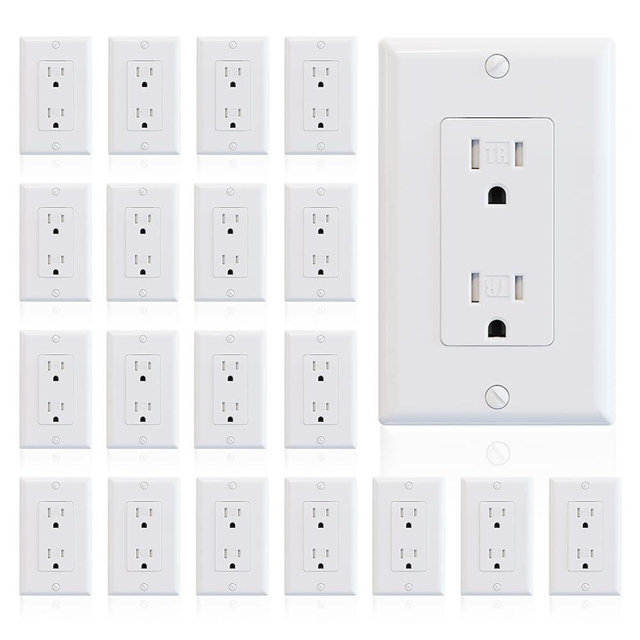 ELEGRP Decorator Wall Receptacle Outlet, Tamper Resistant 15 Amp Standard Electrical Wall Outlet, Residential Grade, Self-grounding, 125V, Wall Plate Included, UL Listed, Glossy White, 20 Pack