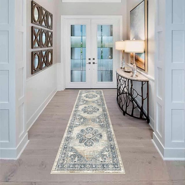 YOUFORTONG Runners for Hallways,Soft Kitchen Rug,Non Slip Rug Runner with Rubber Backing for Bathroom,Washable Non Shedding Farmhouse Runner Rug (Blue, 2X7)