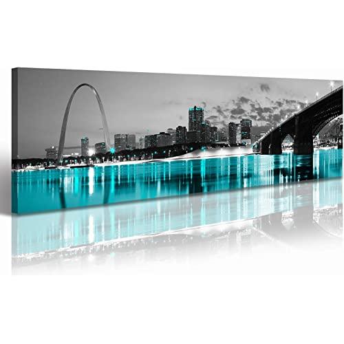 JiazuGo St. Louis Skyline City Canvas Wall Art Decor 14"x48" Black and White MO, Teal USA Cityscape Missouri Pictures Artwork Painting Poster for Bedroom Office Decoration Stretch Framed Ready to Hang