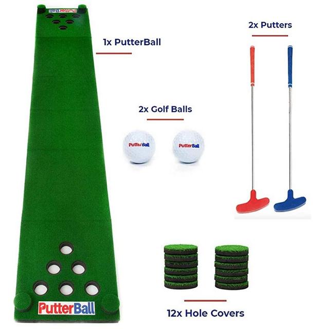PutterBall Golf Beer Pong Game Set - Includes 2 Putters, 2 Golf Balls, Green Putting Beer Pong Golf Mat & Golf Hole Covers - Best Backyard Party Golf Game Set