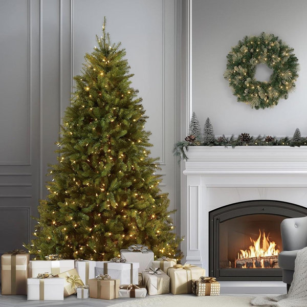 National Tree Company 7.5 ft Pre-Lit Dunhill Fir Artificial Christmas Tree, 700 LED Lights, 2,514 Tips, Foot Pedal, 10 Light Functions, Includes Stand, Green