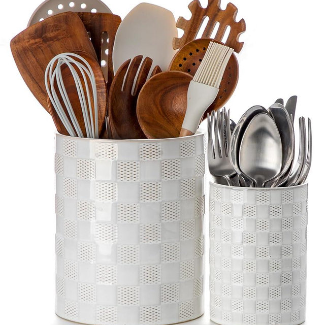 Kitchen Utensil Holder - 7.2"+5.4" Ceramic Utensil Holder for Countertop, Spatula Holder for Counter, Large Embossed Utensil Crock, Farmhouse Utensil Vase for Housewarming, Kitchen Decor, Set of 2
