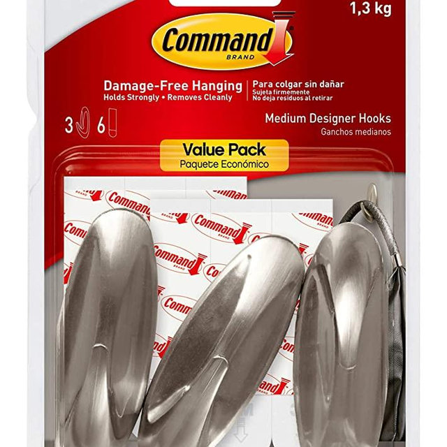 Command Medium Designer Hooks, Brushed Nickel, 3-Hooks, 6-Strips, Decorate Damage-Free
