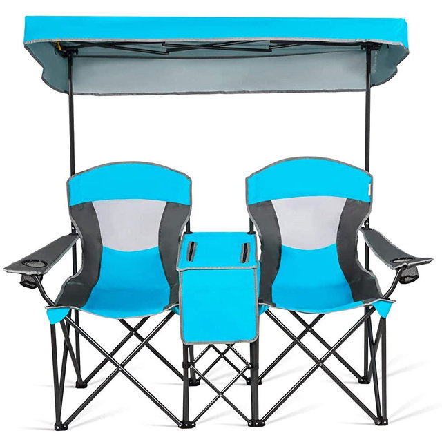 Goplus Double Camping Seat w/Shade Canopy, Mini Table Beverage Holder Carrying Bag for Beach Patio Pool Park Outdoor Portable Folding Beach Chairs