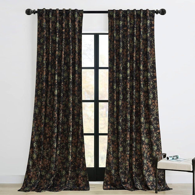 StangH Black Velvet Curtains 84 inches Long - Printed Floral Design Home Decoration Back Tab Vintage Thermal Insulated Room Darkening Drapes for Bedroom Living Room, Black, 52 x 84-inch, 2 Panels