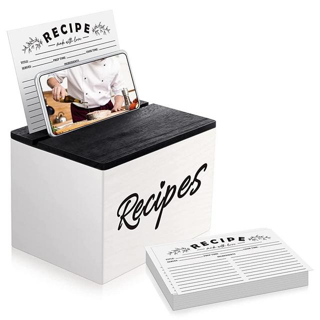 Hoteam Wooden Recipe Box with Cards and Rustic Wood Recipe Card Holder with 50 Pcs 5 x 7 Recipe Cards Set Farmhouse Recipe Organization Box with Dual Slots for Phone Kitchen Decoration