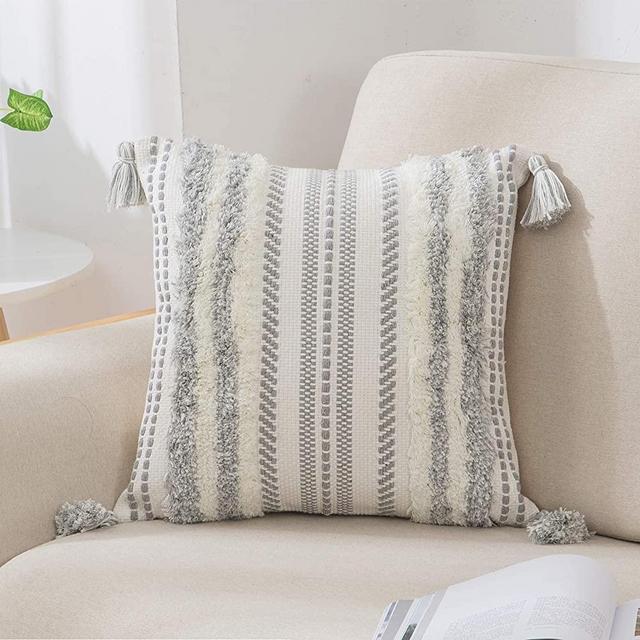 Boho Decorative Throw Pillow Cover for Bed Bedroom Neutral Accent Cushion Cover Tufted Woven Pillow Case, 18x18, Grey