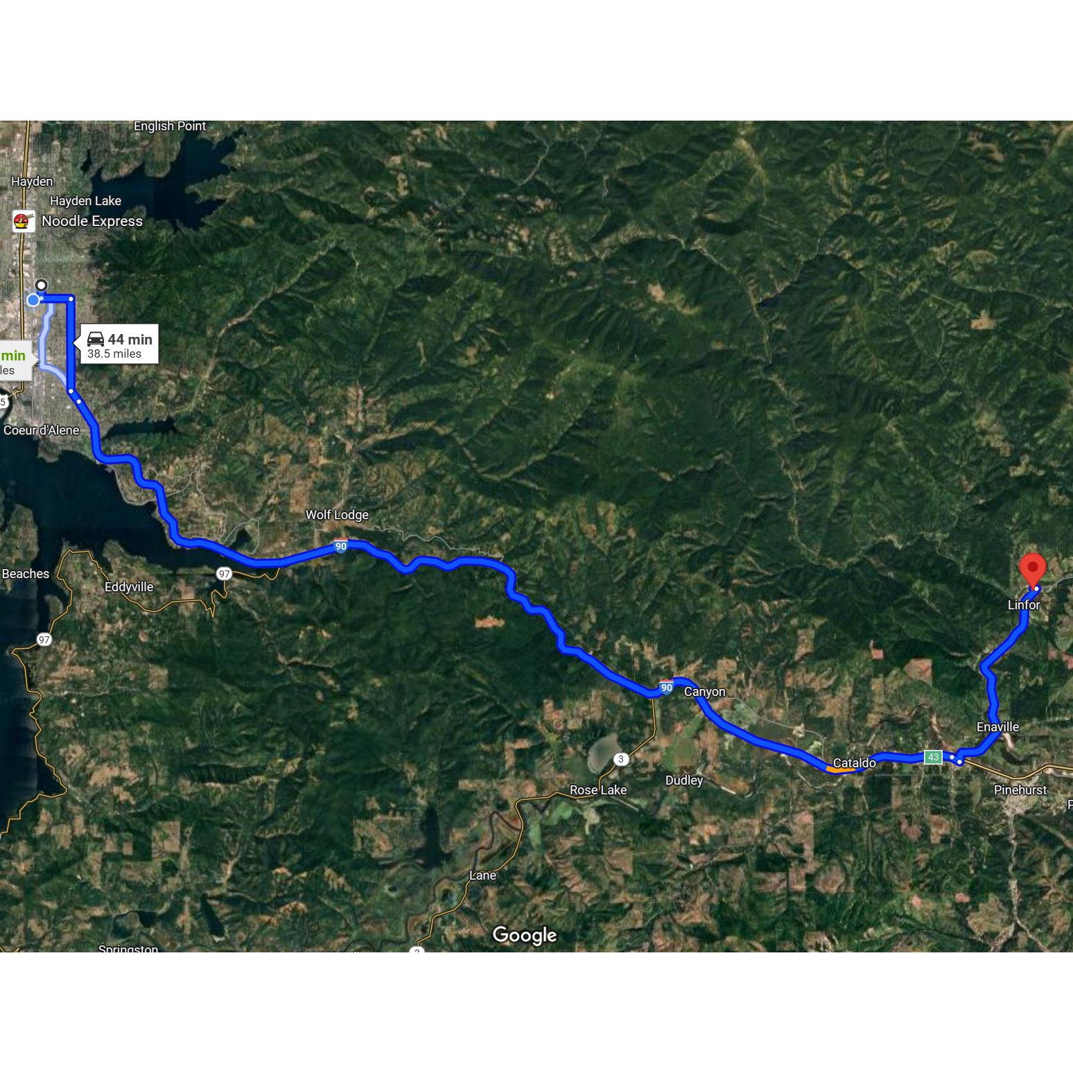 Google maps predicts a 45-minute drive to the venue from our home in Coeur d'Alene. Allow extra time for traffic, road construction, etc.