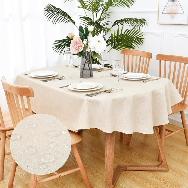 Rustic Faux Linen Oval Tablecloth Farmhouse Waterproof Neutral Table Cloth Washable Table Cover for Home Kitchen Dinning Room Banquet Indoor Outdoor 60 x 84 Inch