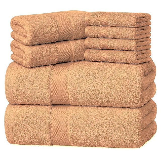 Infinitee Xclusives Luxury 100% Cotton Towel Set – 8 Piece Bathroom Towel Set (2 Bath Towels, 2 Hand Towels, 4 Washcloths) – Soft & Absorbent Towels for Bathroom (Cosmic Sand)
