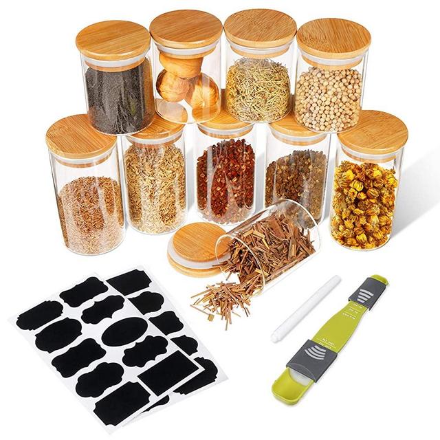 Small Glass Jars with Bamboo Lids, SAWAKE Airtight Canisters Set for Kitchen Pantry Organization, Clear Glass Food Storage Containers Set of 10 for Tea, Herbs, Spice, Salt (250ml x 5+350ml x 5)