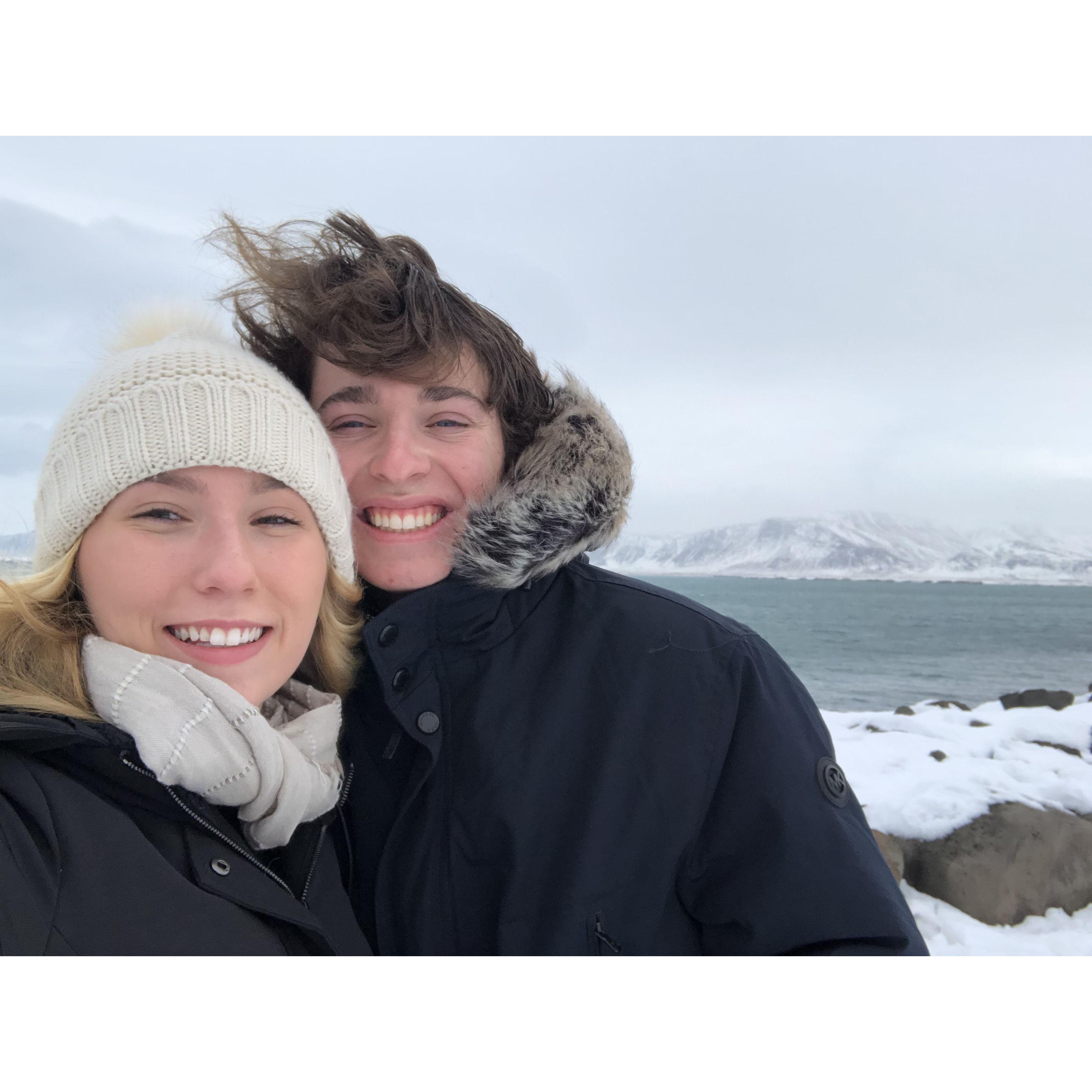 Jake and I exploring Rekjavik in 2020 and almost getting blown away by the wind.