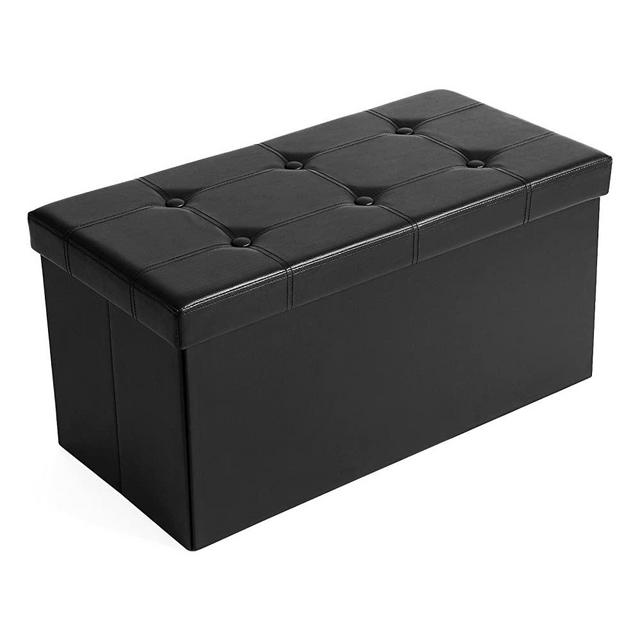 SONGMICS 30 Inches Faux Leather Folding Storage Ottoman Bench, Storage Chest Footrest Coffee Table Padded Seat, Black