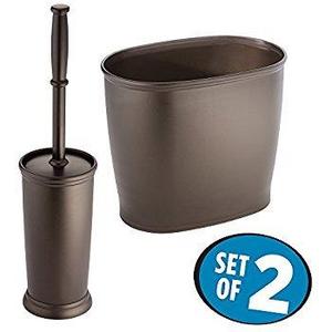 mDesign Toilet Bowl Brush and Wastebasket Trash Can for Bathroom - Set of 2, Bronze