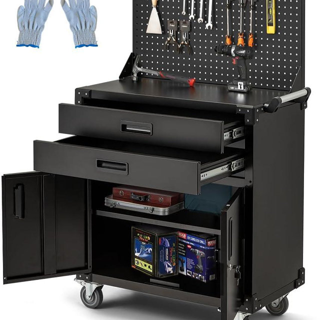 JFHID 52'' Work Bench for Garage with Pegboard Drawers and Cabinets Heavy Duty Metal Frame Tool Bench for Shop Kitchen Cabinets Organizer Work Table with Wheels (Black)