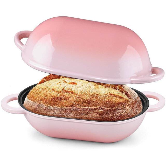 Onader Enameled Cast Iron Dutch Oven, 2.8QT Dutch Oven Pot with Lid for Sourdough Bread Baking, Oval Meatloaf Pan, Heavy Duty - Pink