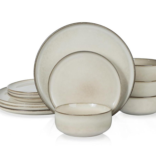 E-far Dinnerware Sets for 4, 12-Piece Stoneware Plates and Bowls Set, Reactive Glaze Dishes Dinning Ware Set, Chip & Scratch Resistant, Microwave & Dishwasher Safe - Sandy Beige