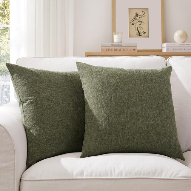 Meekio Set of 2 Moss Green Pillow Covers 20 x 20 Inch Farmhouse Boho Decorative Throw Pillow Covers Linen Cushion Covers for Sofa Couch Décor