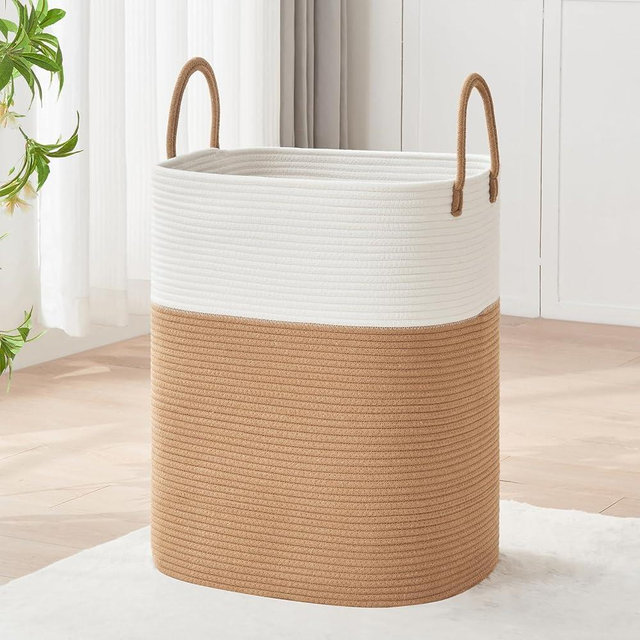 AINUOQI Laundry Basket with Handles - Blanket Basket & Hampers for Bedroom Aesthetic, Laundry Hamper & Blanket Storage for Living Room, Clothes Hamper, Tall, Large 17" x 14" x 22”, White & Jute