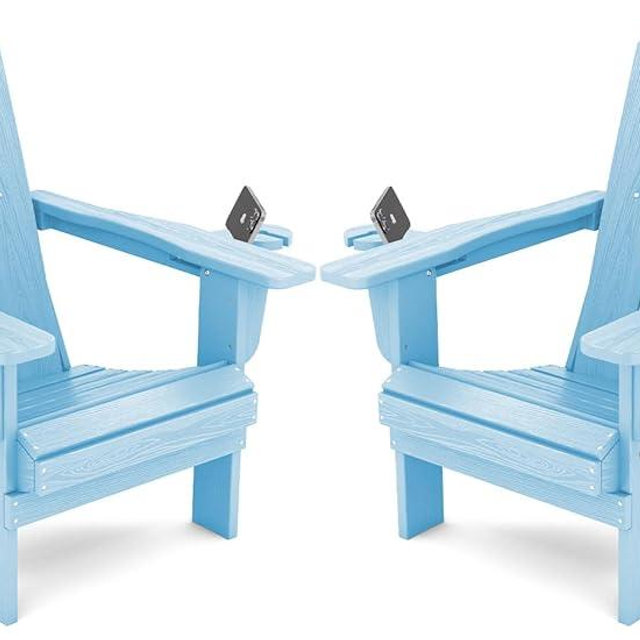 SERWALL Adirondack Chair with Cup Holders - Composite Adirondack Chairs HDPE Outdoor Chairs Set of 2 All Weather Use- Light Blue