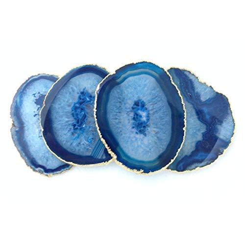 Modern Agate Coasters with Gold Edges and Rubber Bumpers (3.5"-4"). Set of 4 Geode Stone Slices. Perfect Drink Holder for any Glass or Cup (Blue)