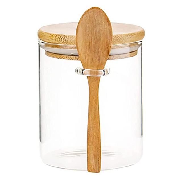 15Oz/420ML Clear Glass Storage Canister with Wooden Spoon, Airtight Bamboo Lid Sealed Glass Kitchen Food Container Jar with Scoop for Bath Salt Holder,Sugar,Spice,Coffee,Matcha Tea,Condiment,Pepper