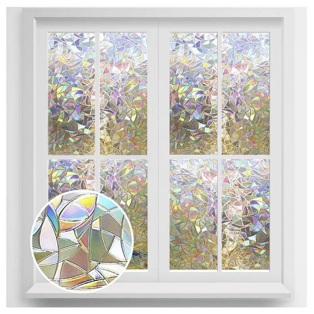 rabbitgoo Window Privacy Film, Rainbow Window Clings, 3D Decorative Window Vinyl, Stained Glass Window Decals, Static Cling Window Sticker Non-Adhesive, 17.7 x 78.7 inches