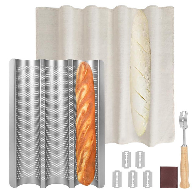 Barlket Baguette Pan, Baguette Bread Pan Perforated, Nonstick French Bread Baking Pan 3 Loaves with Proofing Cloth, Dough Cutter Kit for Home Baker, Baguette Tray 15x11 Inch Silver Bread Pan